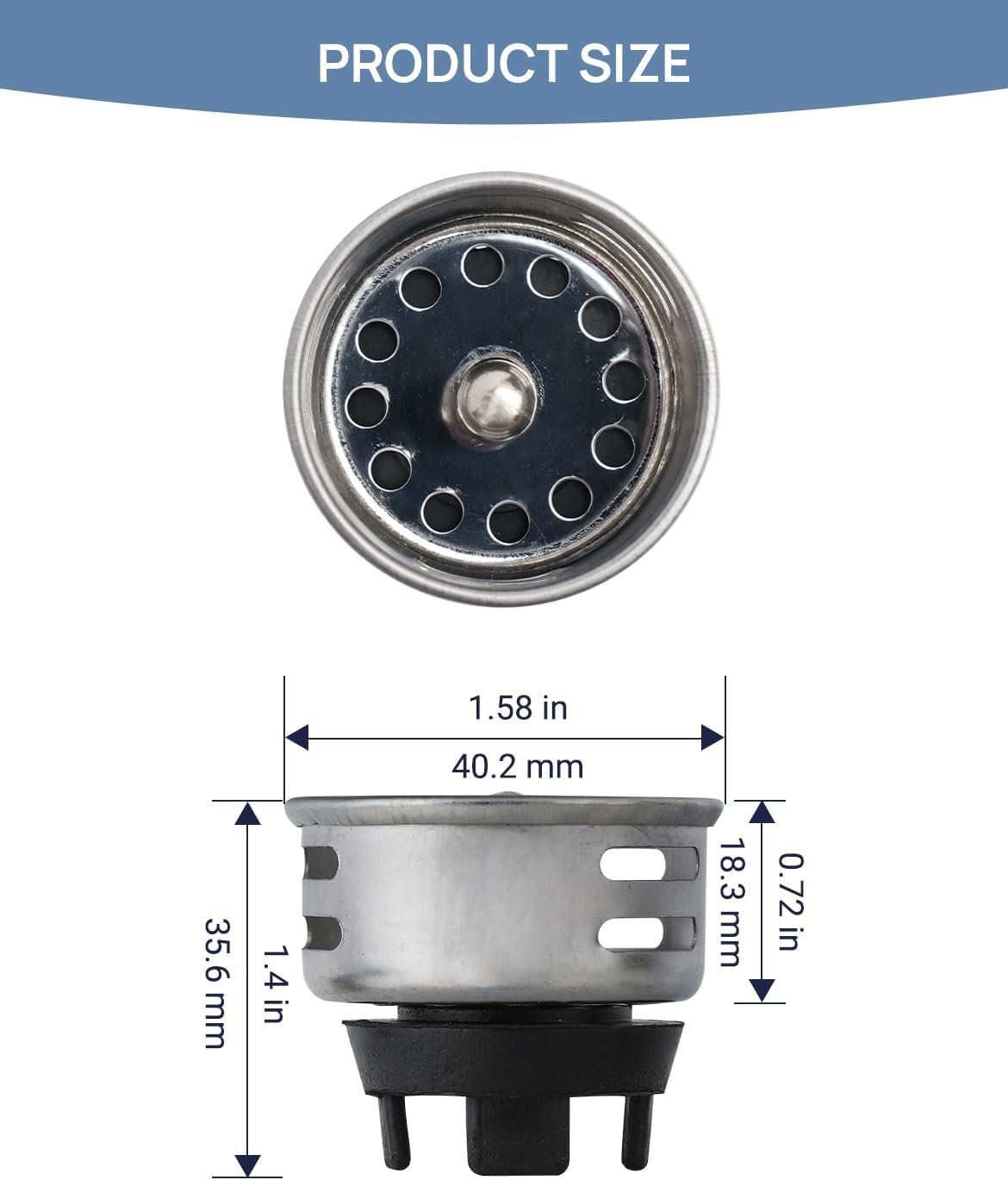 Small Basket Strainer for 2-inch Sink Drain, Bar/rv Sink Strainer | Commercial Grade 304 Stainless Steel with Chrome Finish, TINY strainer (with Rubber Stopper, holds water but NOT watertight)