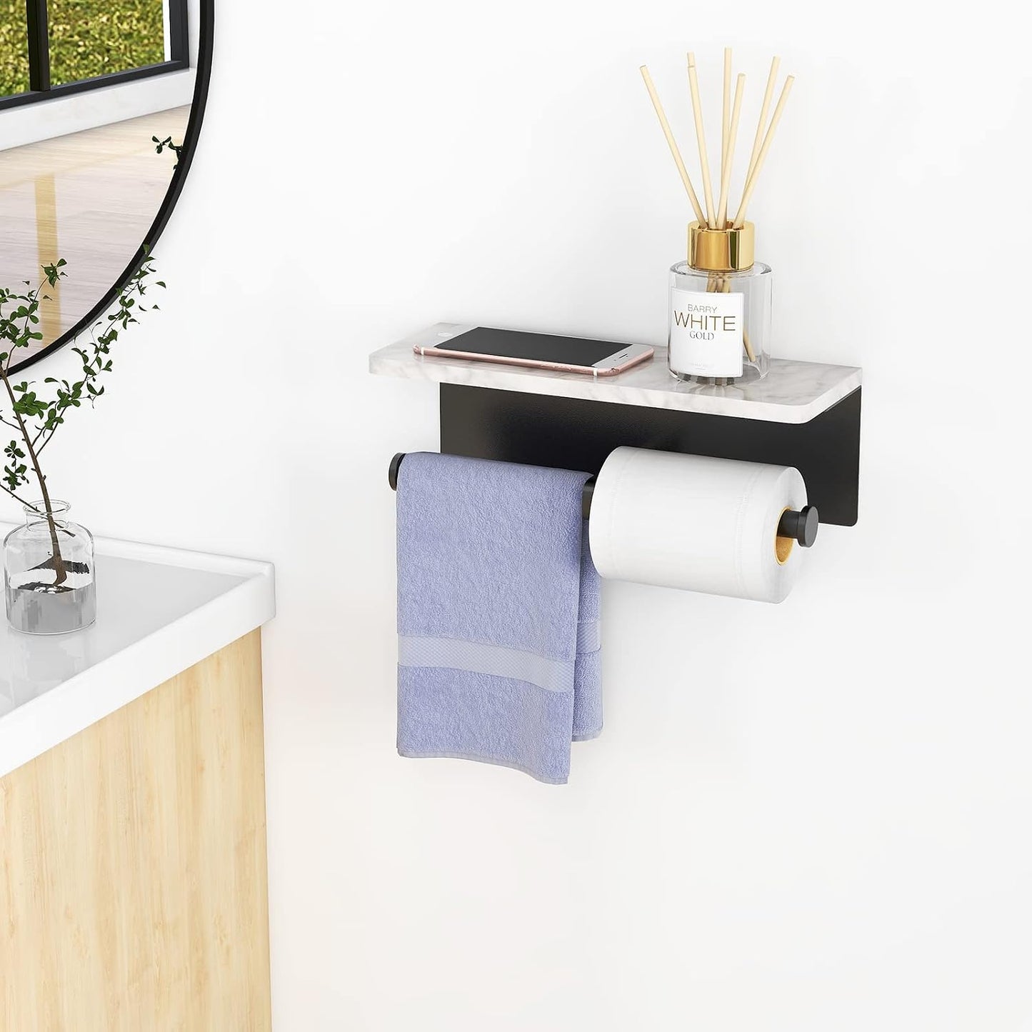 Gypie Marble Toilet Paper Holder with Shelf, Wall Mounted Matte Black | Stainless Steel Tissue Roll Paper Holder Dispenser for Bathroom Washroom