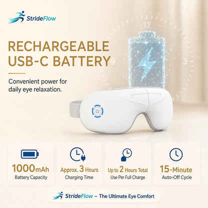STRIDEFLOW Eye Massager with Heat, Migraine Mask & Headache Relief, FSA Eligible/HSA Eligible, Dry Eye Relief, GENTLE Warmth & LIGHT Compression, Cooling Gel Eye Mask, Foldable Rechargeable