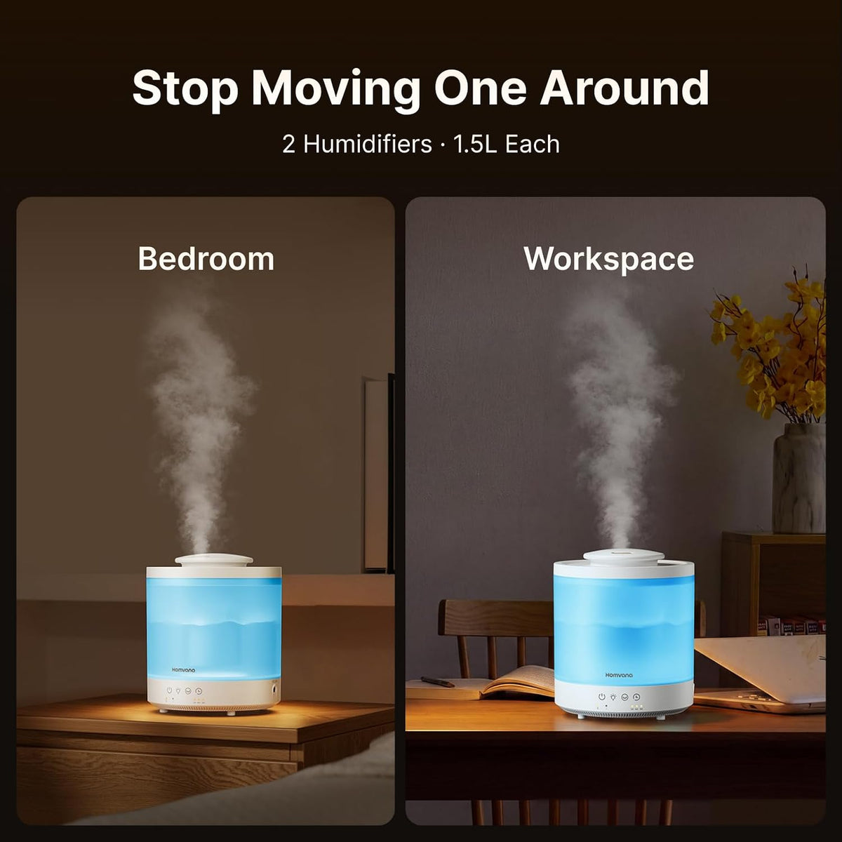 Homvana Humidifiers for Bedroom, Large Room, 1.5L Top-Fill, 2 Packs