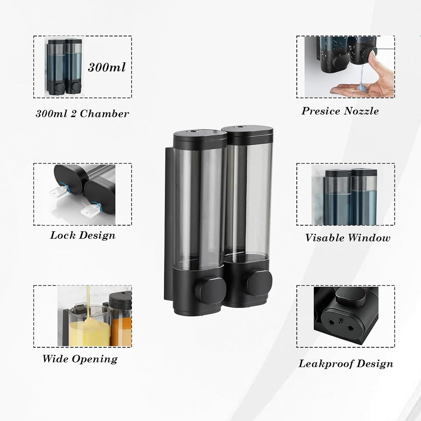 10oz/300ml Single Manual Wall Mounted Soap Dispenser, Black | Bathroom Shampoo and Conditioner Dispenser, Clear Plastic Refillable Liquid Lotion Pump Dispenser and Organizer