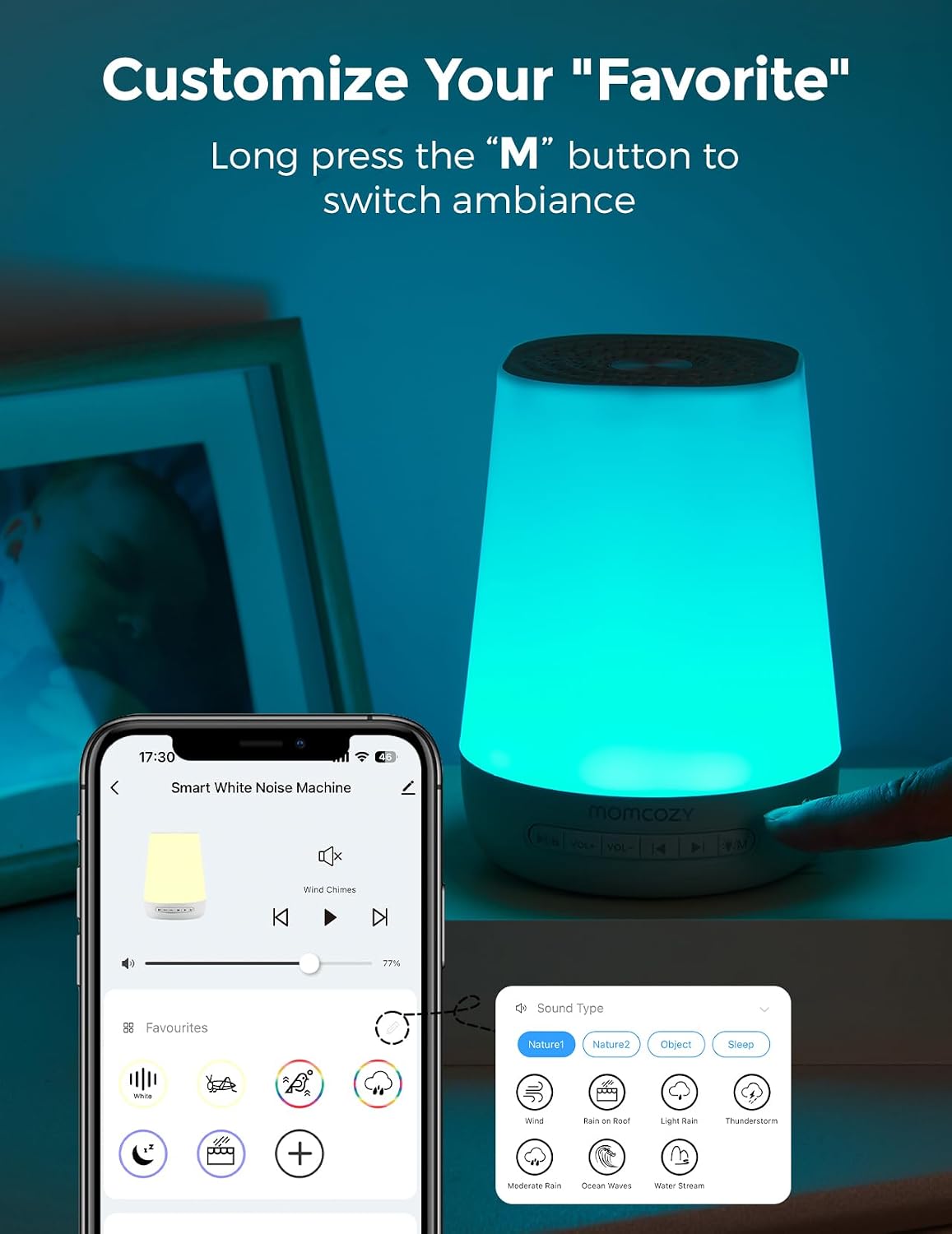 Baby Sound Machine, Momcozy White Noise Machine for Baby Sleeping with Night Light, Toddler Sleep Trainer 34 Soothing Sleep Sounds, Timer, App Remote Control, Personal Sleep Routine Alarm Clock(Blue)