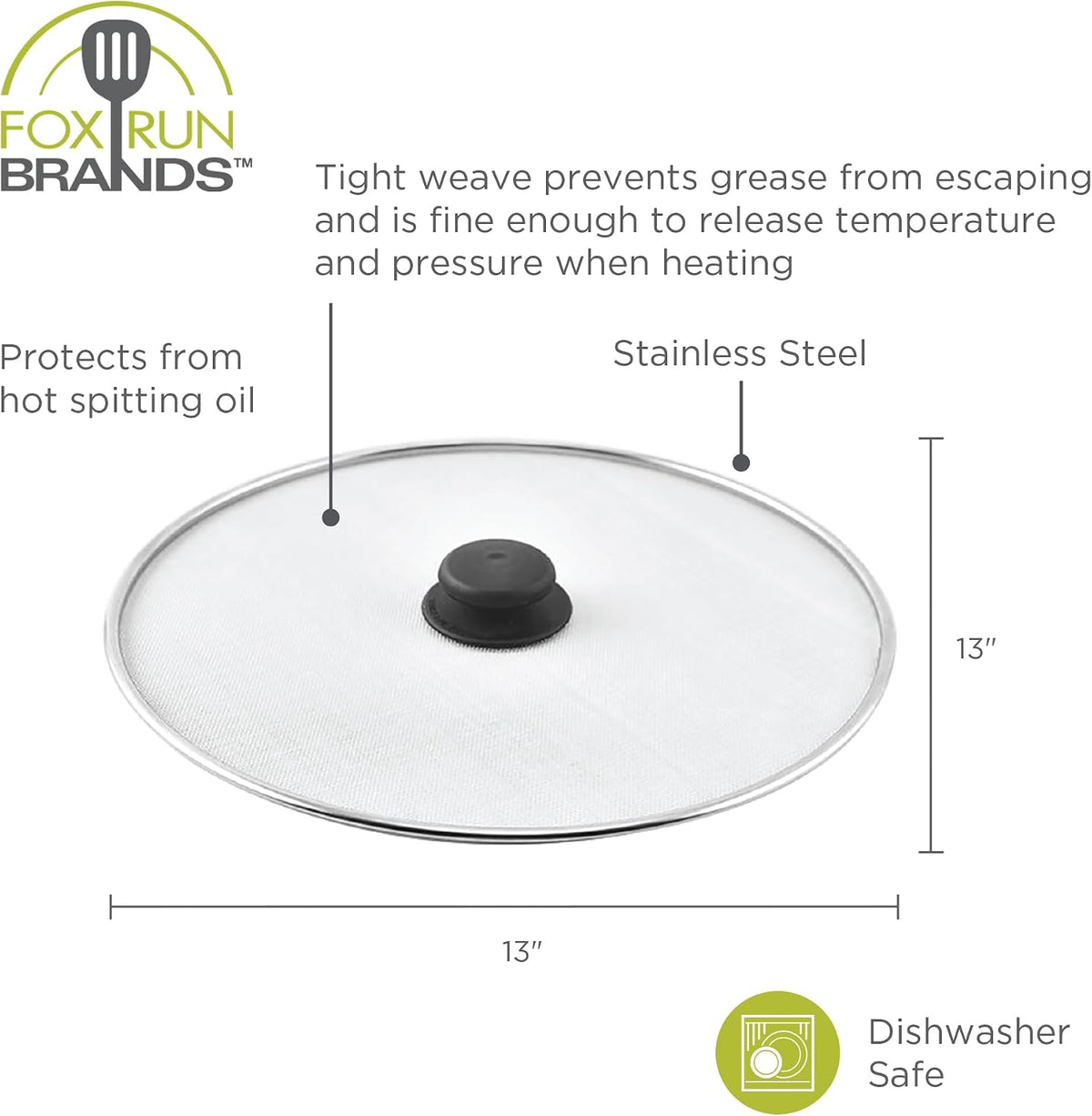 Fox Run Splater Shield, Stainless Steel Mesh Splatter Screen For Frying Pans, 13 Inches
