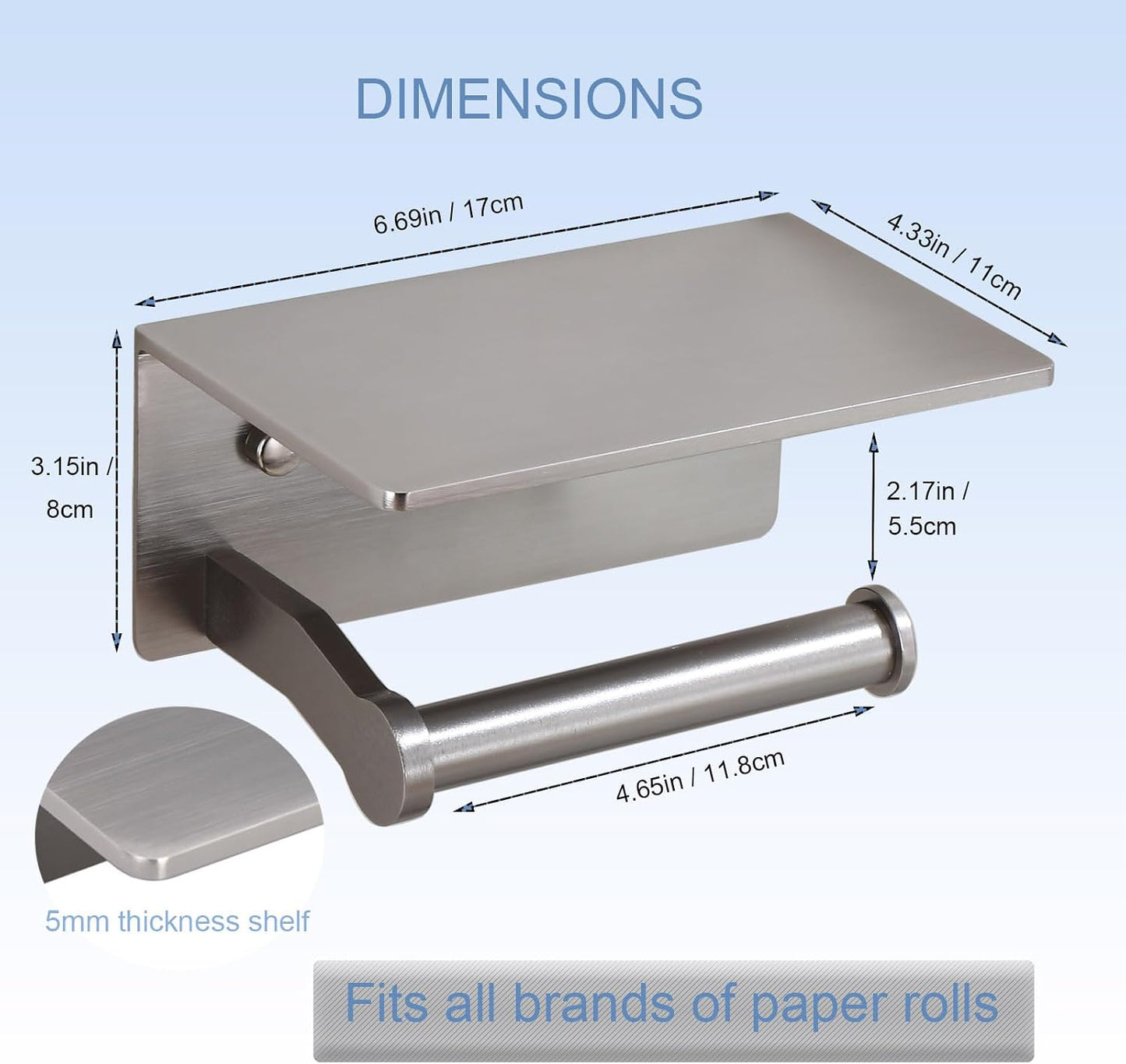 Toilet Paper Holder with Shelf, Adhesive or Screw Wall Mount Toilet Roll Holder for Bathroom, Rustproof Solid Aluminum Commercial Toilet Tissue Holder with Storage, Brushed Nickel
