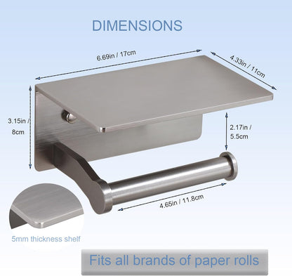 Toilet Paper Holder with Shelf, Adhesive or Screw Wall Mount Toilet Roll Holder for Bathroom, Rustproof Solid Aluminum Commercial Toilet Tissue Holder with Storage, Brushed Nickel