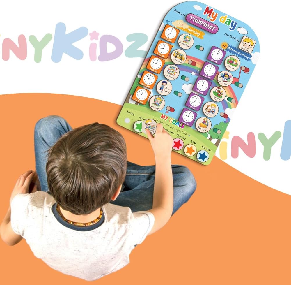 TinyKidz Wooden Daily Routine Chart 11x15, Schedule Board for Kids, Wooden Chore Chart for Kids, Responsibilities Chart for Toddlers, Morning Bedtime Routine for Toddlers