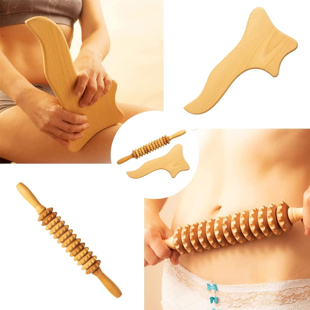 Wood Roller Massager for Body - 15.6 inch Lymphatic Drainage Manual Massage Tools for Sculpting, Muscle Shaping, Celulite Remover - Wooden Massage Tool for Manual Maderotherapy