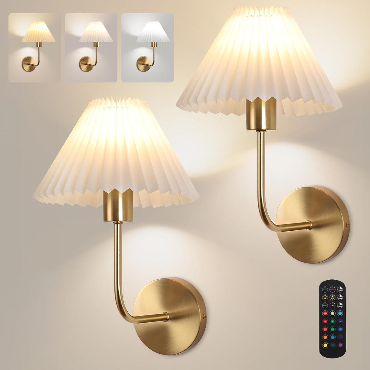 Rechargeable Battery Operated Wall Sconce Sets of 2, 15 Colors Wireless gooseneck Black Wall Lights Fixture with Dimmable Bulbs and Remote, Not Hardwired Wall Mounted Lamps for Bedroom Living Room