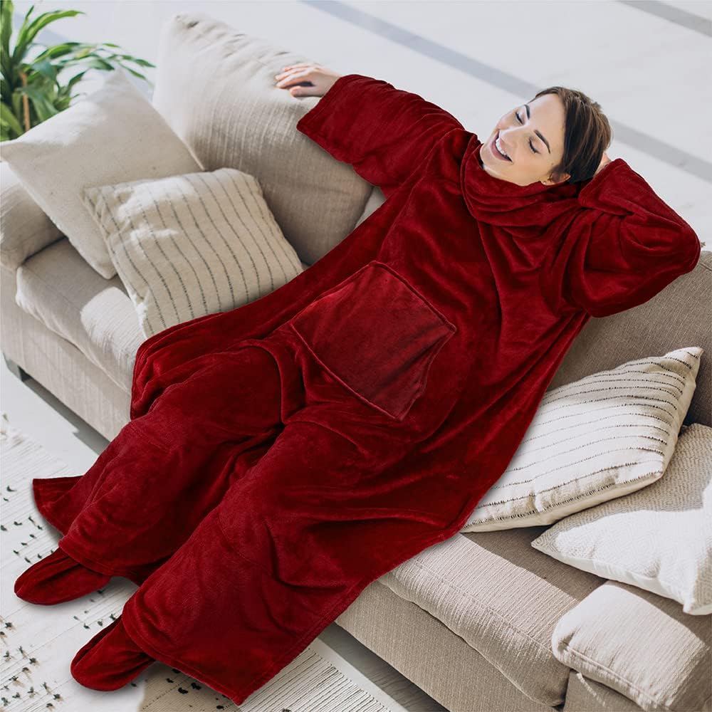 PAVILIA Fleece Blanket with Sleeves, Foot Pockets for Women Men Adults, Plush Wearable Blanket Throw Wrap, Warm Snuggle Blanket Robe, Cozy Gift Ideas Wife Mom, Dark Purple