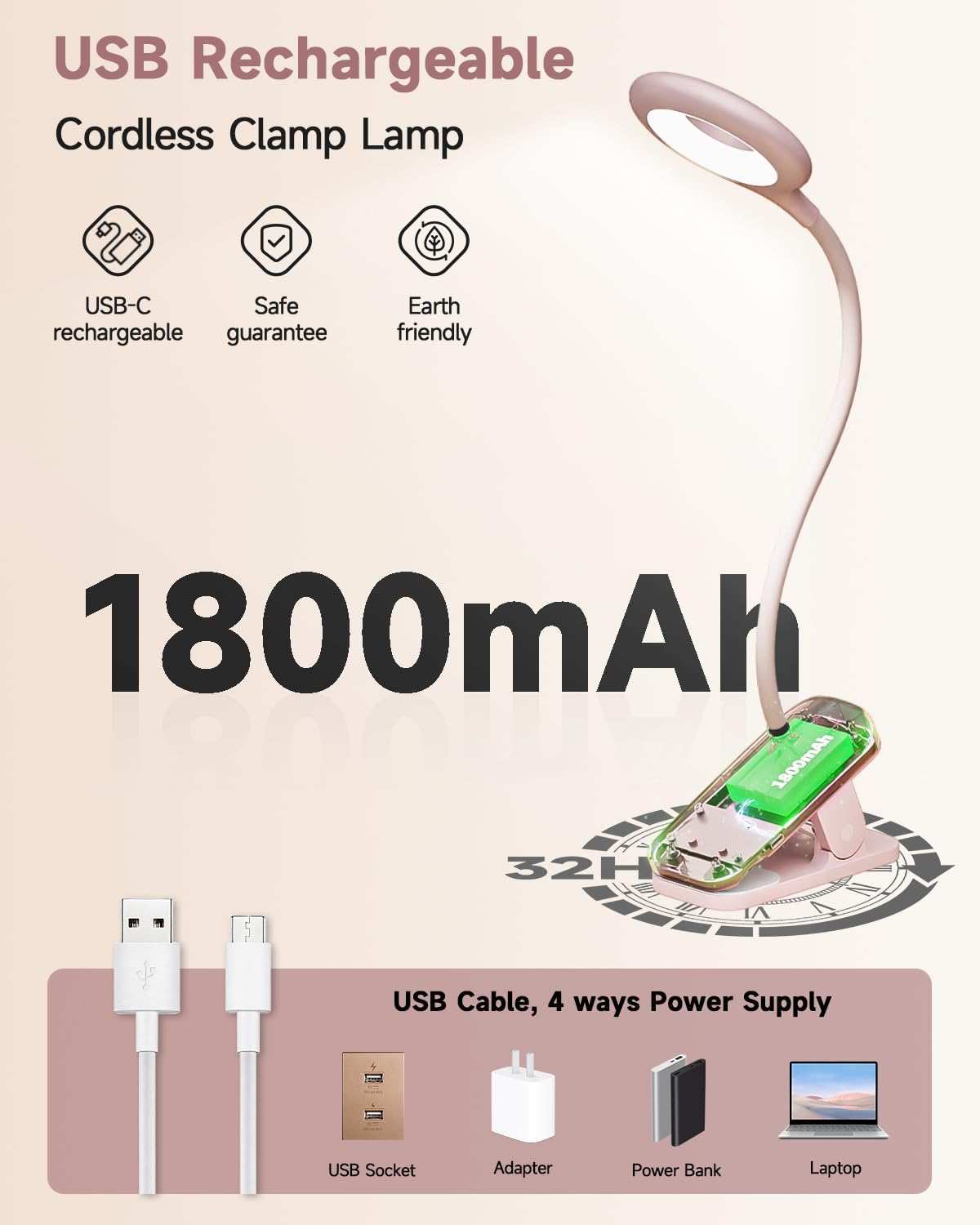 CUHIOY Rechargeable Clip on Reading Light for Bed Headboard, Pink, 1 Pack | Large Clamp Flexible Neck, Battery Desk Lamp, 5 Color 5 Brightness Touch Control, Flicker-Free LED Bedside Night Light