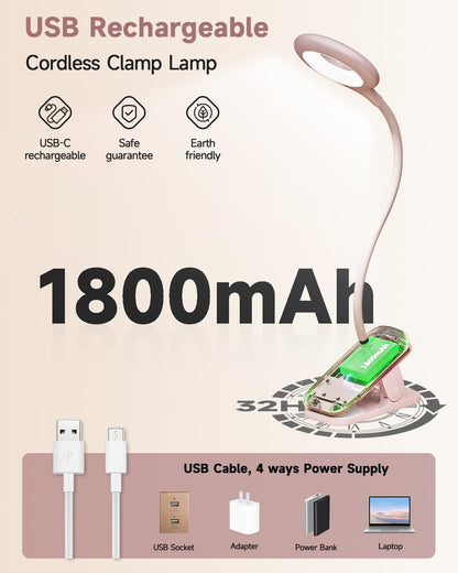 CUHIOY Rechargeable Clip on Reading Light for Bed Headboard, Pink, 1 Pack | Large Clamp Flexible Neck, Battery Desk Lamp, 5 Color 5 Brightness Touch Control, Flicker-Free LED Bedside Night Light