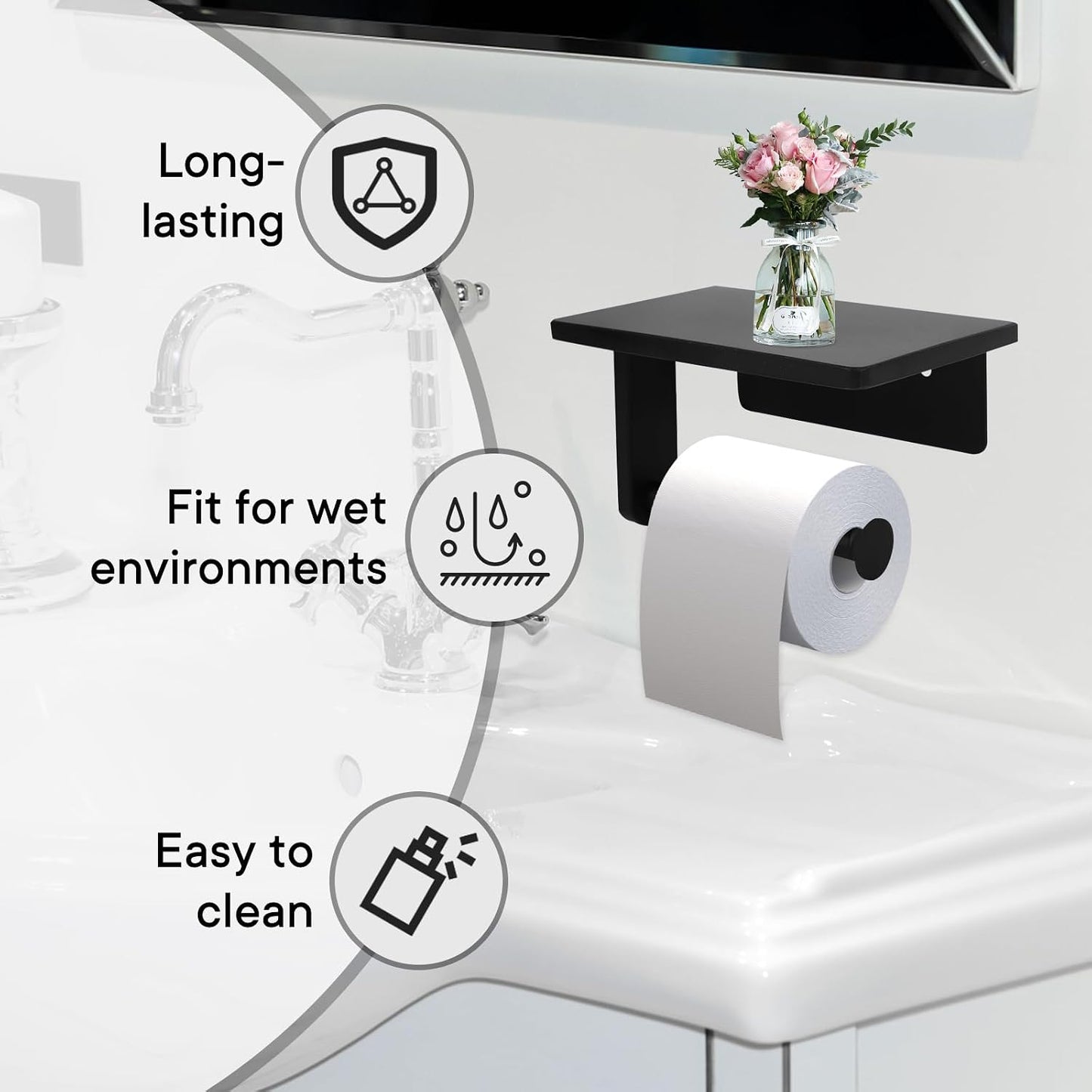 Toilet Paper Holder with Natural Marble Shelf for Bathroom Washroom,Wall Mounted Tissue Holder Suitable for Mega Roll (Brushed Nickel,Small 6.7 * 4.3 in)