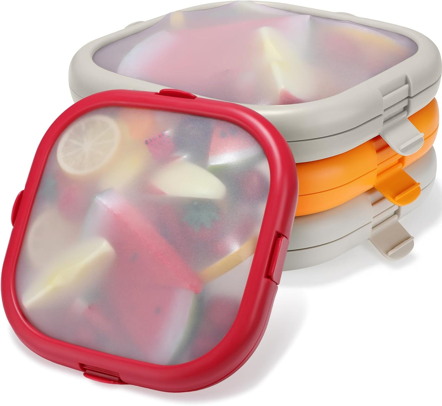 Nuogo 4 Pcs Silicone Food Storage Containers, Fruit Storage Box, Onion Keeper, Avocado Saver, Kitchen Organizers for Fridge, Fresh-keeping Design(Red, White,Orange,7.9 x 7.9 x 1.4 Inches)