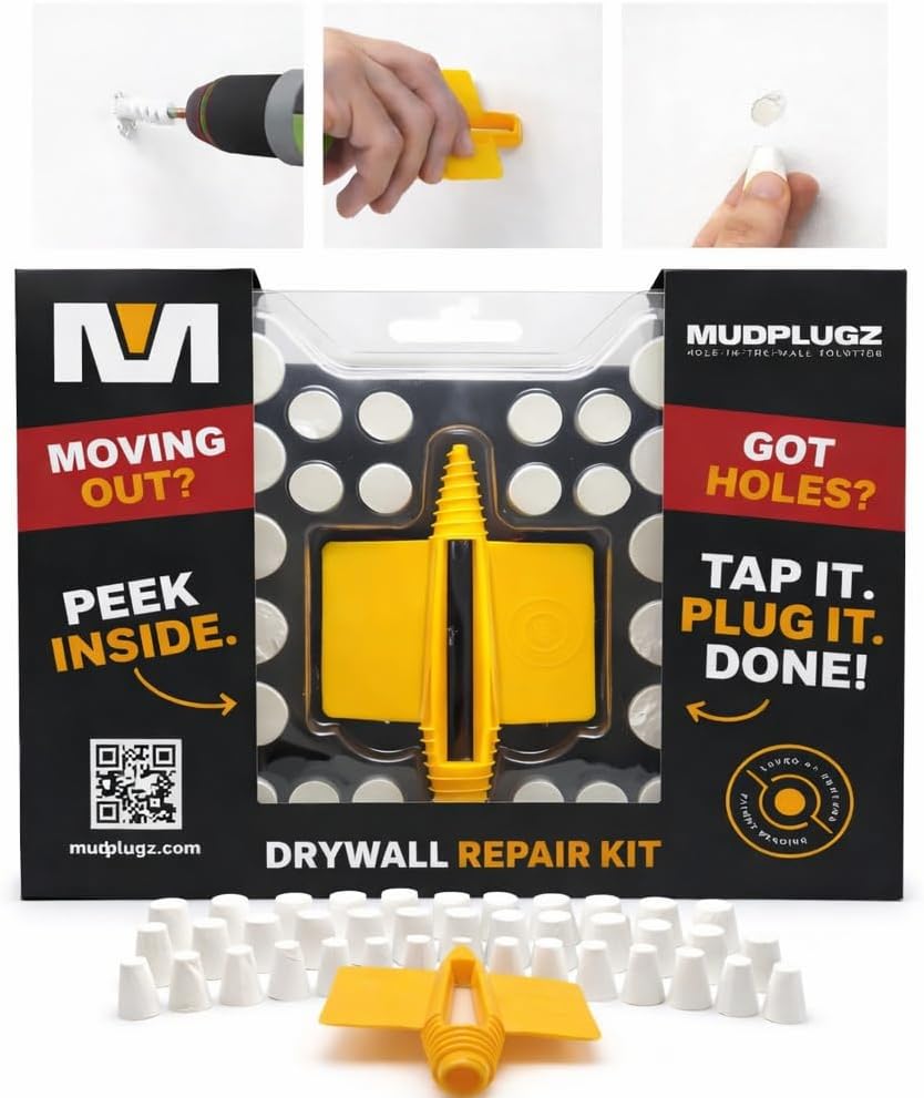 FIX Drywall Anchor Holes Fast - MudPlugz Drywall Hole Repair Kit - No Mesh - No Spackle - Professional Small Hole Wall Patch Kit - 36 Plugs - Reusable Prep Tool - Quick and Easy