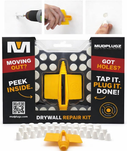 FIX Drywall Anchor Holes Fast - MudPlugz Drywall Hole Repair Kit - No Mesh - No Spackle - Professional Small Hole Wall Patch Kit - 36 Plugs - Reusable Prep Tool - Quick and Easy