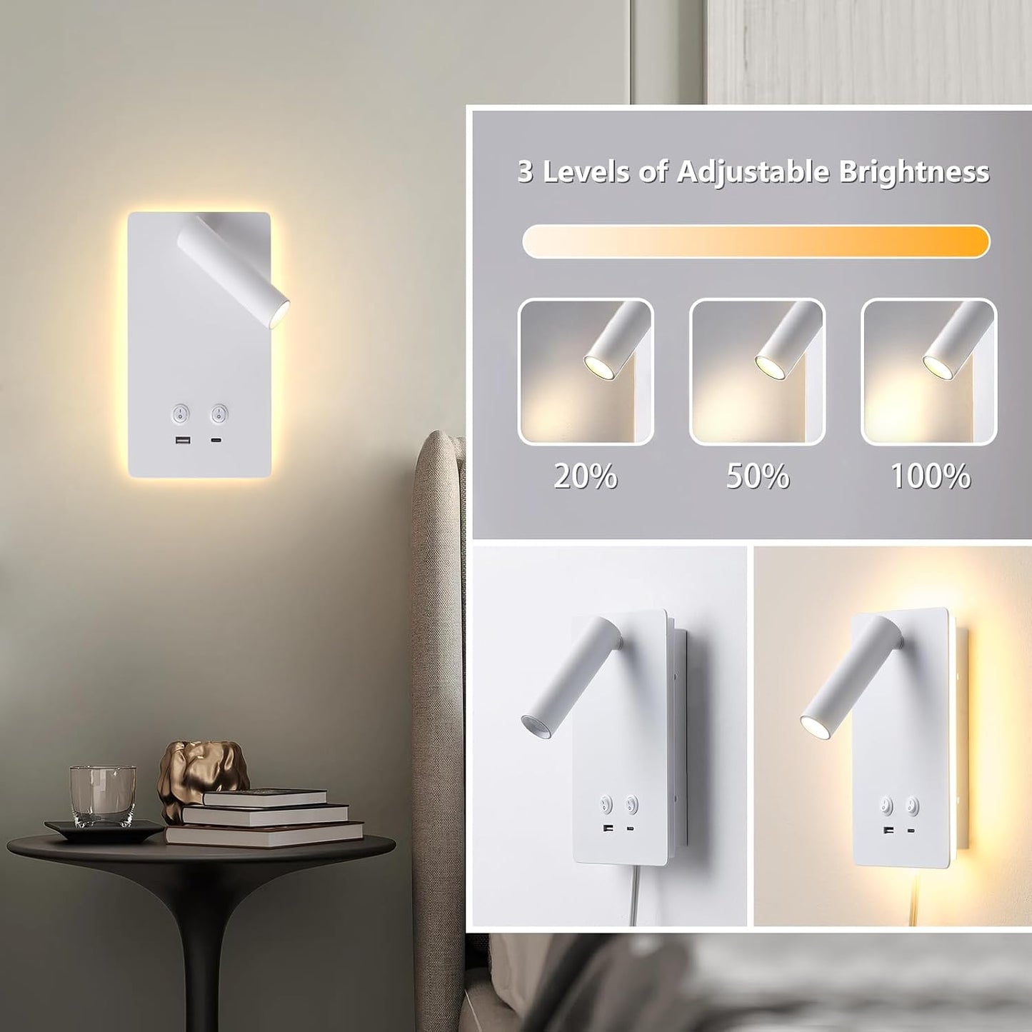 MOLUOLA LED Wall Lamp Wall Mounted Reading Lights, Adjustable Headboard Plug in Wall Sconce with USB C+A Ports, Headboard Bedside Lamp with 9W+3W Night Light 3000K (White)