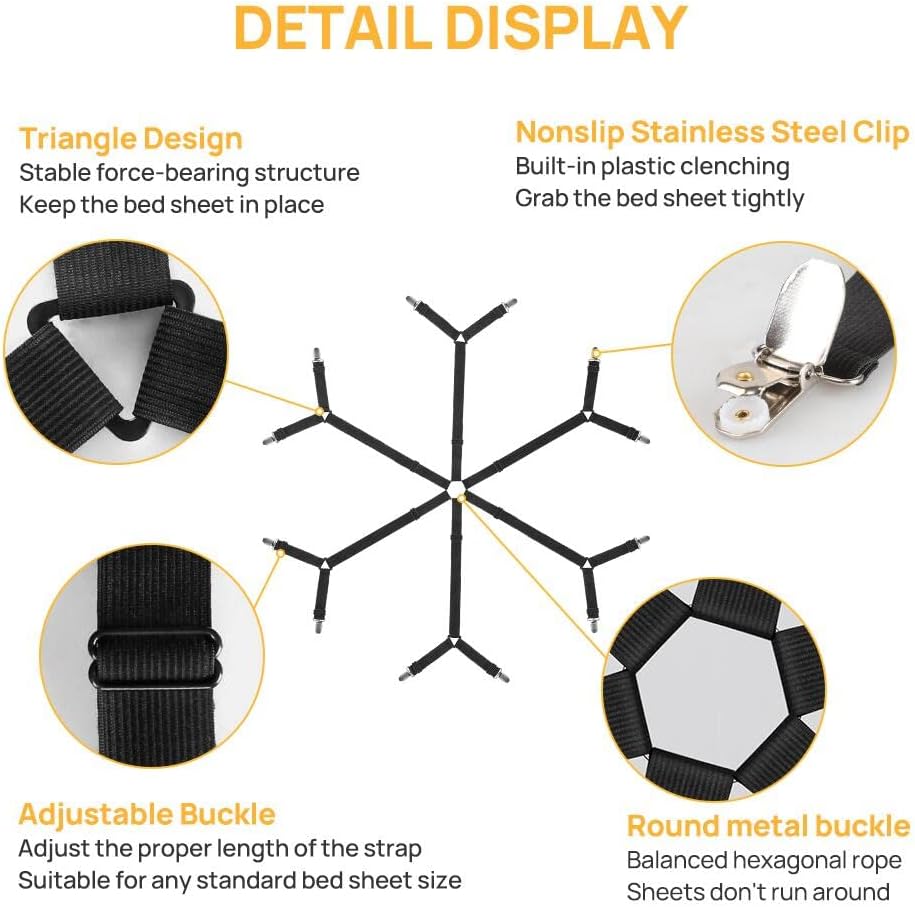 FGY Bed Sheet Straps Adjustable Elastic Fasteners with Metal Clips for Tablecloth Bedding