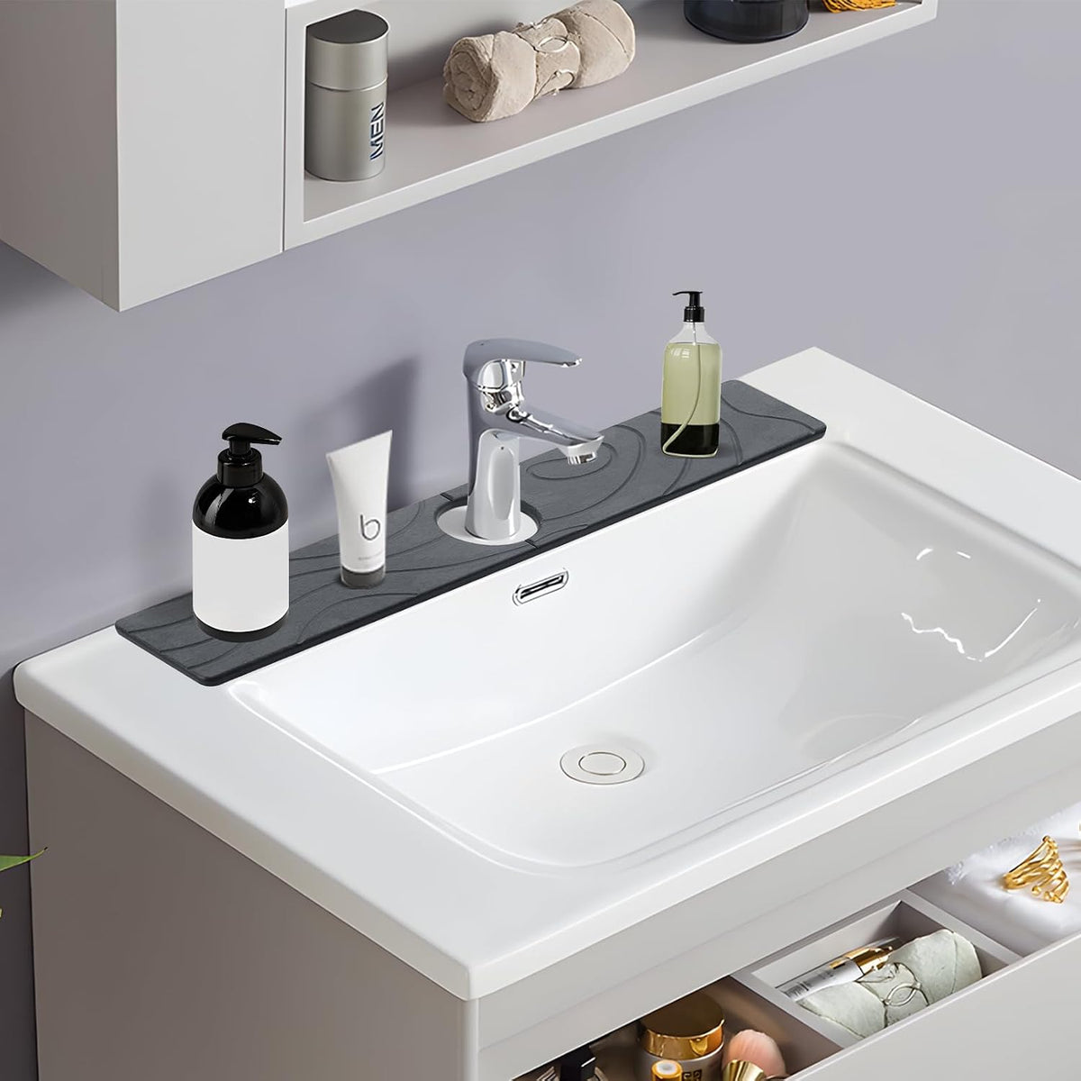 2 Pcs Faucet Mat for Kitchen Sink 15.74”×3.94” Diatomite Quick Dry Sink Splash Guard Absorbent Kitchen Stone Sink Tray Faucet Splash Guard for Bathroom Counter