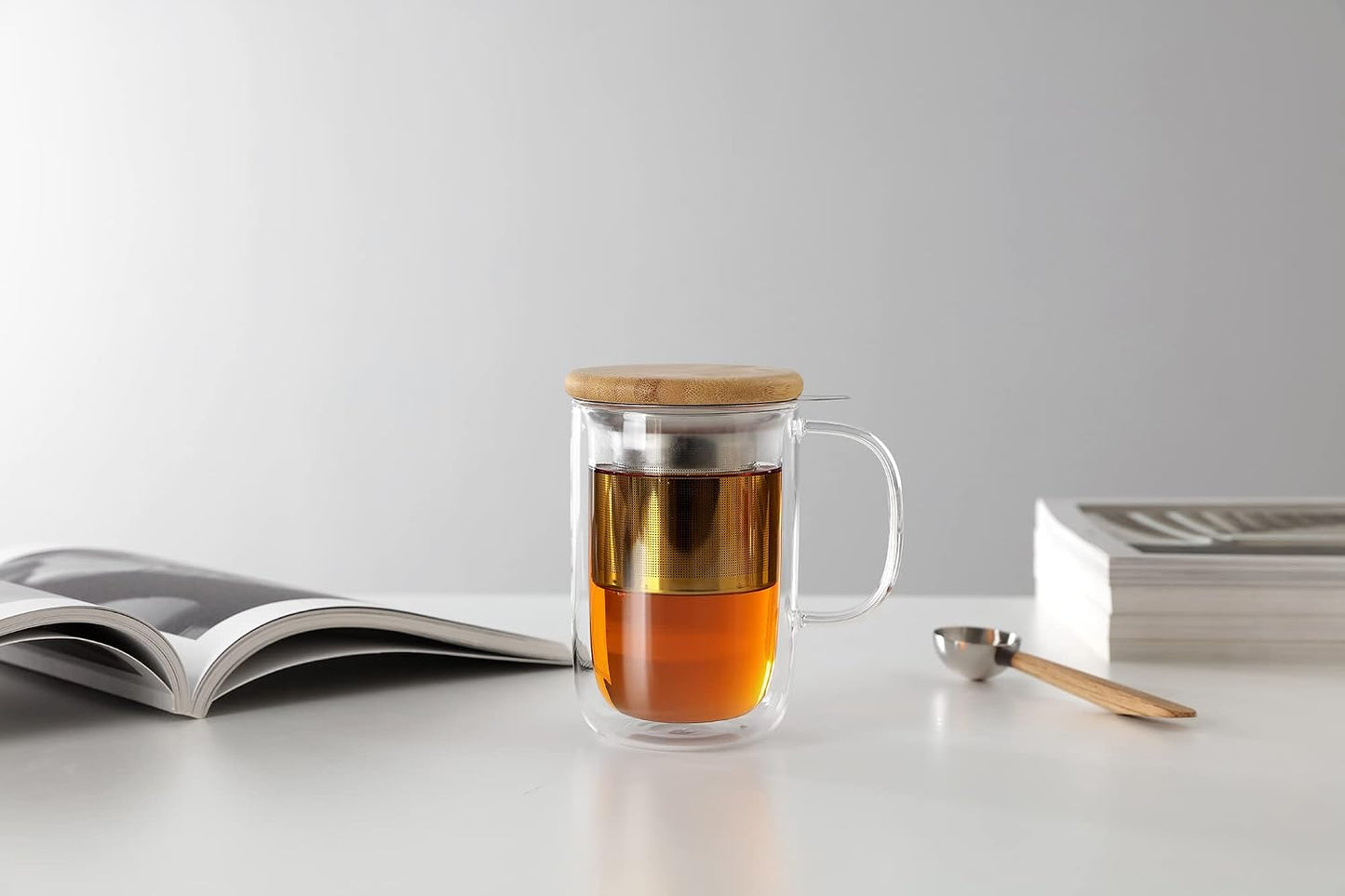 VIVA Minima Balance Glass Infuser Tea Cup - 17 oz / 500 ml Mug with Stainless Steel Infusion Mesh and Bamboo Wood Lid
