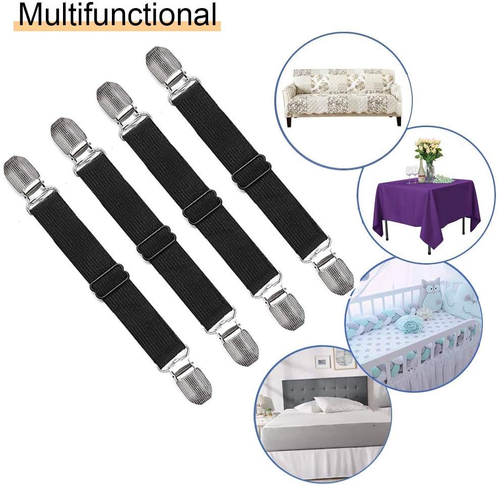 Adjustable Bed Sheet Straps Clips, Elastic Mattress Sheet Fasteners Holder and Suspenders, Grippers to Hold Sheet, Mattress, Sofa, Couch, Table Cloth, Recliner Ironing Board Cover and More