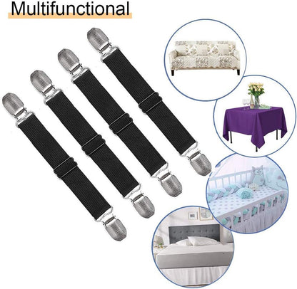Adjustable Bed Sheet Straps Clips, Elastic Mattress Sheet Fasteners Holder and Suspenders, Grippers to Hold Sheet, Mattress, Sofa, Couch, Table Cloth, Recliner Ironing Board Cover and More