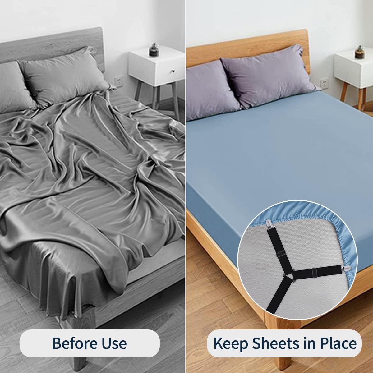 Sopito Sheet Straps, Adjustable Bed Sheet Suspenders Max Stretch from 29.5 in to 82.7 in Compatible for Crib to King Size Bed, Non Slip Holder Fasteners Clips, 2pcs/Black