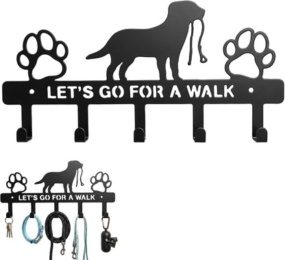 Dog Leash Holder for Wall, 5 Metal Hooks Key Mount | Screw Mounted Rack, Holds Leashes Keys Collars, for Entryway Garage Mudroom