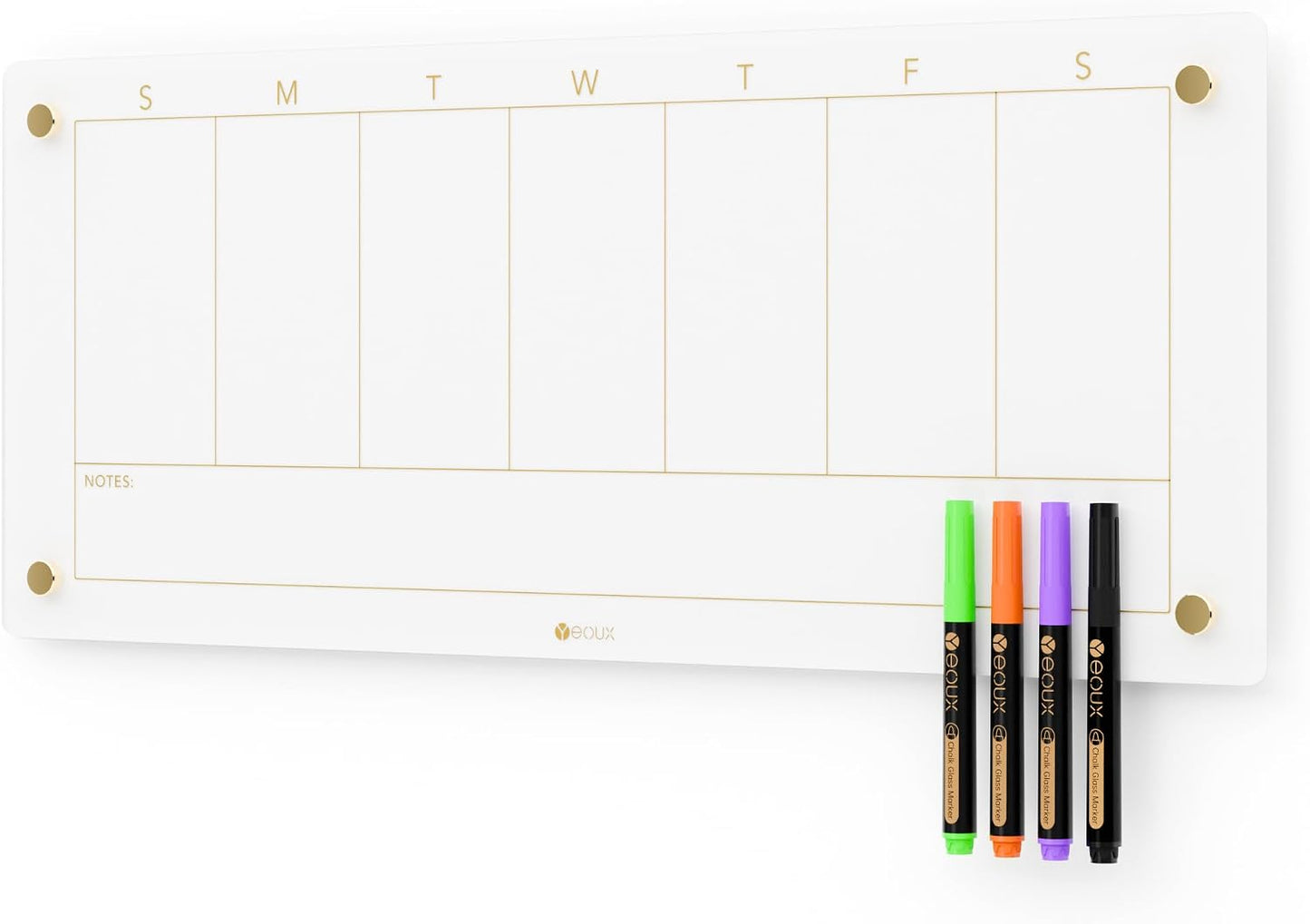 Yeoux Clear Glass Golden Weekly & Menu Dry Erase Calendar Board 15“x11 | Wall Mount, Non-Magnetic, Meal Planning & Grocery Shopping List Whiteboard for Kitchen & Home, 4 Markers