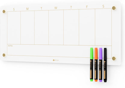Yeoux Clear Glass Golden Weekly & Menu Dry Erase Calendar Board 15“x11 | Wall Mount, Non-Magnetic, Meal Planning & Grocery Shopping List Whiteboard for Kitchen & Home, 4 Markers