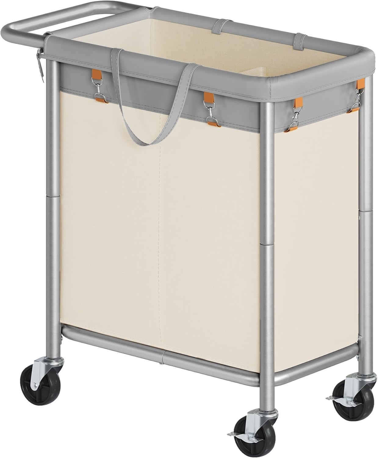 SONGMICS Laundry Basket with Wheels, 4-Section Rolling Laundry Hamper, 68.6 Gallons (260 L), Removable Liner, Steel Frame with Handle, 43.3 x 15.4 x 31.9 Inches, Cream White URLS014W01