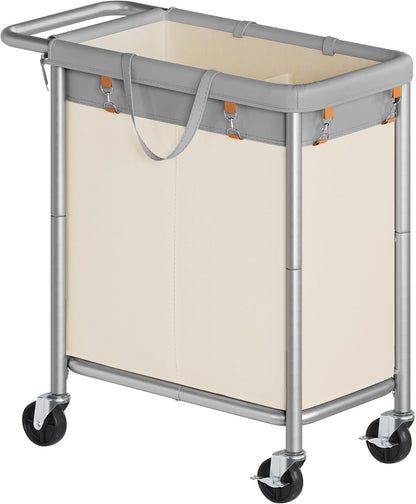 SONGMICS Laundry Basket with Wheels, 4-Section Rolling Laundry Hamper, 68.6 Gallons (260 L), Removable Liner, Steel Frame with Handle, 43.3 x 15.4 x 31.9 Inches, Cream White URLS014W01