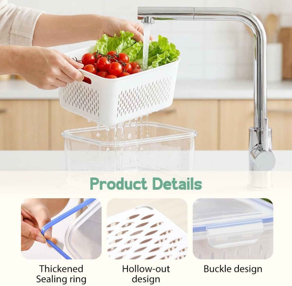 4 in 1 Food Storage Container-2/3 Pack Set with Lids, Fruit Storage Containers for Fridge with Removable Colander,Stackable Fridge Transparent Plastic Storages Box, Dishwasher Safe (Gray, S+M+L)
