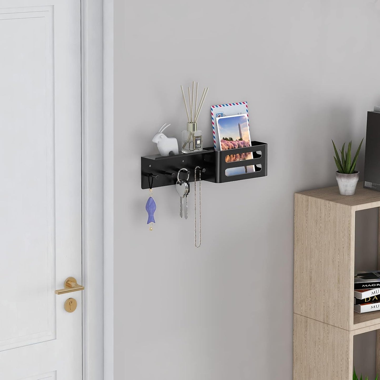 MKO Key Holder Wall Mount, Key Holder Wall Mount Adhesive with Mail Organizer Tray with 6 Key Hooks for Wall, Black | Metal Material, Key Rack with Shelf, Mail Organizer Tray for Entryway, Hallway, Living Room