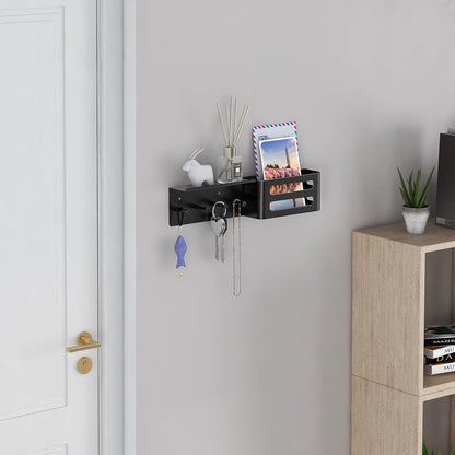 MKO Key Holder Wall Mount, Key Holder Wall Mount Adhesive with Mail Organizer Tray with 6 Key Hooks for Wall, Black | Metal Material, Key Rack with Shelf, Mail Organizer Tray for Entryway, Hallway, Living Room