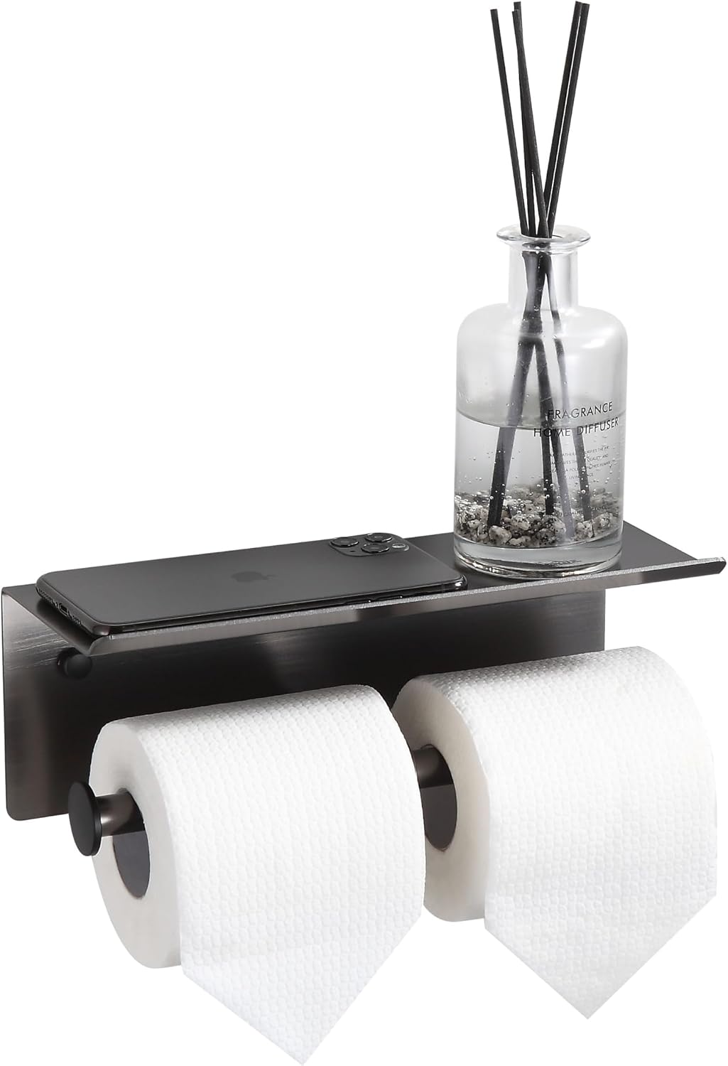 Black Toilet Paper Roll Holder with Shelf Wall Mounted for Bathroom (Black, Double Head)