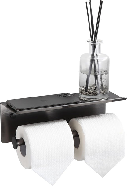 Black Toilet Paper Roll Holder with Shelf Wall Mounted for Bathroom (Black, Double Head)