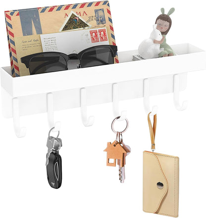 Magnetic Key Holder, Wall Mount Key Rack with Shelf, 9.65 in, Black | Metal Material, Small Size, 6 Metal Hooks, 2 Installation Ways, for Fridge, Entryway, Kitchen, Bathroom, Garage, RV, Office