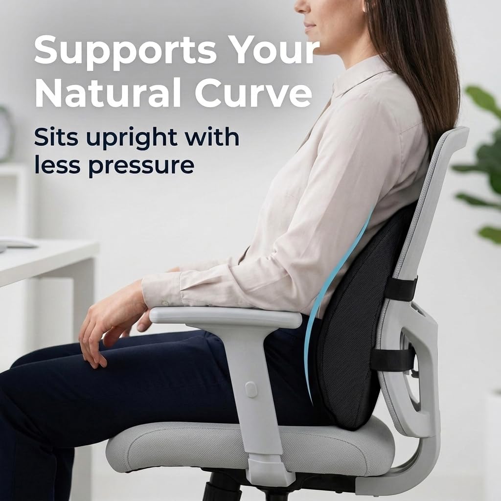 Lumbar Support Pillow for Office Chair & Car Seat, All-Season Memory Foam for Lower Back Pain Relief, Non-Slip Back Cushion with Dual Straps for Desk Workers & Drivers, Black