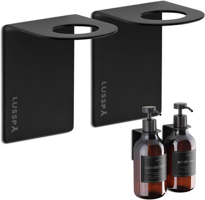 Wall Mount Soap Dispenser Holder, 2 Pack – 304 Stainless Steel, 2.95"×1.97"×2.56", 1.1" Neck Fit, No-Drill Peel & Stick Adhesive, Rustproof, Fits LUSSPA Bottles (Matte Black)