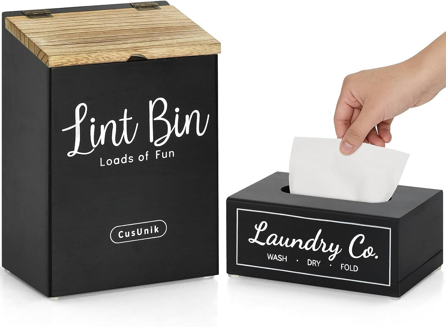 Magnetic Lint Bin and Dryer Sheet Holder Set for Laundry Room Organization | Wall Mounted Laundry Organization and Storage,Wooden Lint Trash Can with Lid and dryer sheet dispenser,Laundry Room Trash Can