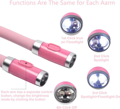 Rechargeable LED Neck Reading Light, Book Lights for Reading in Bed, 3 Brightness Levels, 2 Flexible Soft Silicone Arms Comfortable Wear, Long Lasting. Perfect for Bookworms, Craft & Knitting (Pink)