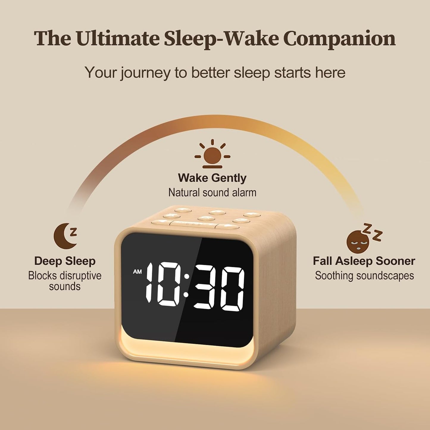 Housbay Wooden Sound Machine Alarm Clock for Bedrooms - Gentle Wake-Up with Birdsong, White Noise for Sleeping, Small Digital Clock for Phone-Free Routine