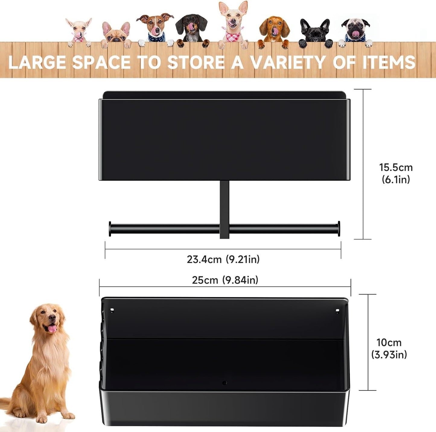 Dog Leash Holder for Wall, Dog Leash Hooks, Pet Stuff Organizer with Shelf Storage, Metal Key Holder, Leash Hangers Organizer Rack for Pet Collar, Toys, Treats, Poop Bag (Black)