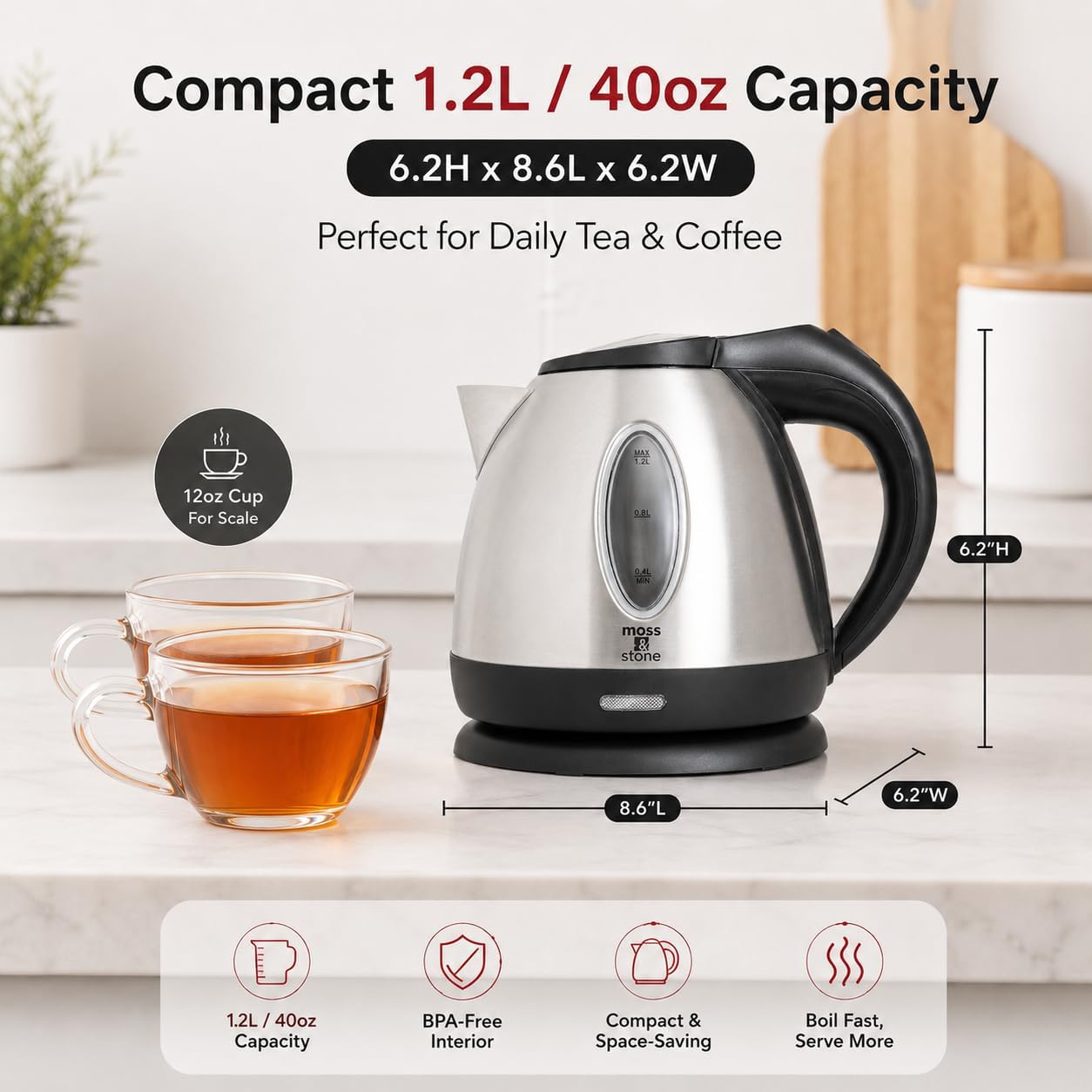 Moss & Stone Red Stainless Steel Electric Kettle, 1.2L Cordless 1500W | Small, portable hot water tea kettle, fast boiling pot, boil-dry protection, auto shut-off, blue Illuminate LED light