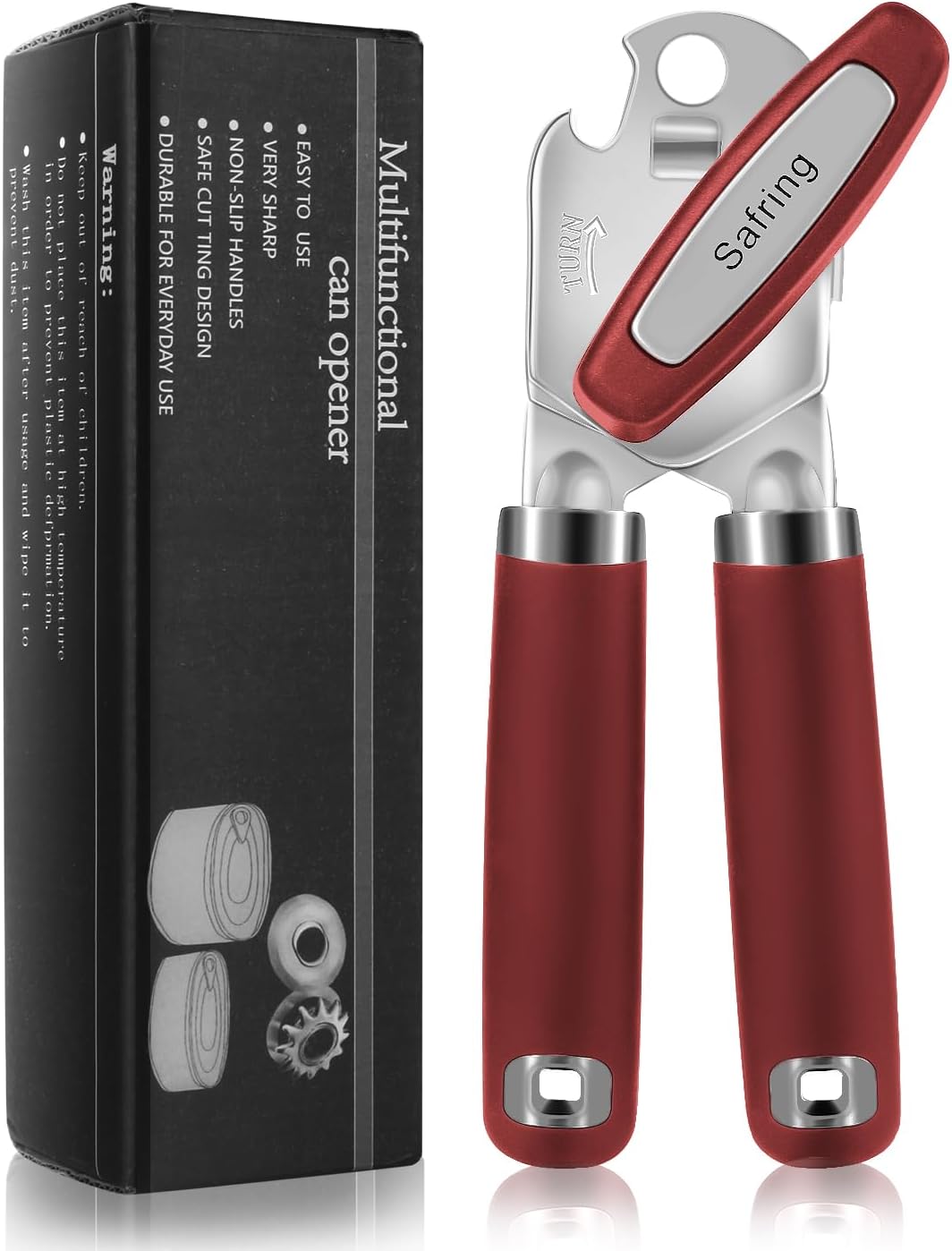 Safring Can Opener Manual, Heavy Duty Handheld Strong Can Opener with Soft Touch Handle, Sharp Blade Smooth Edge, Can Openers with Multifunctional Bottle Opener, Black