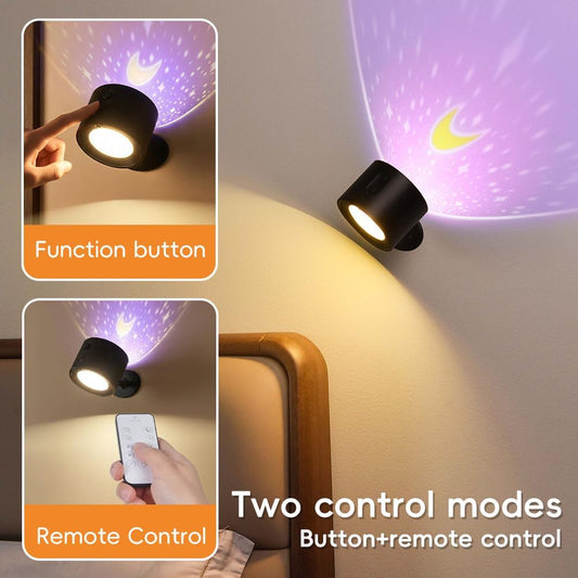 LED Wall Mount Light with Projection Rechargeable Wall Light, 3 Color Temperatures, Remote Control and Touch, 360° Rotating Dimmable Cordless Wall Light for Study Bedroom Reading Bedside (black)