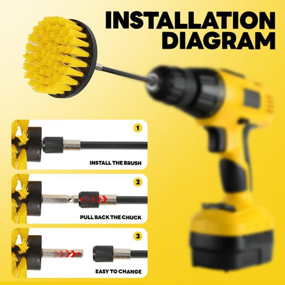 6Pcs Drill Brush Cleaning Kit with Extendable Rod, Yellow | Power Scrubber Attachments, For Shower, Tub, Tile, Grout, For Kitchen and Car