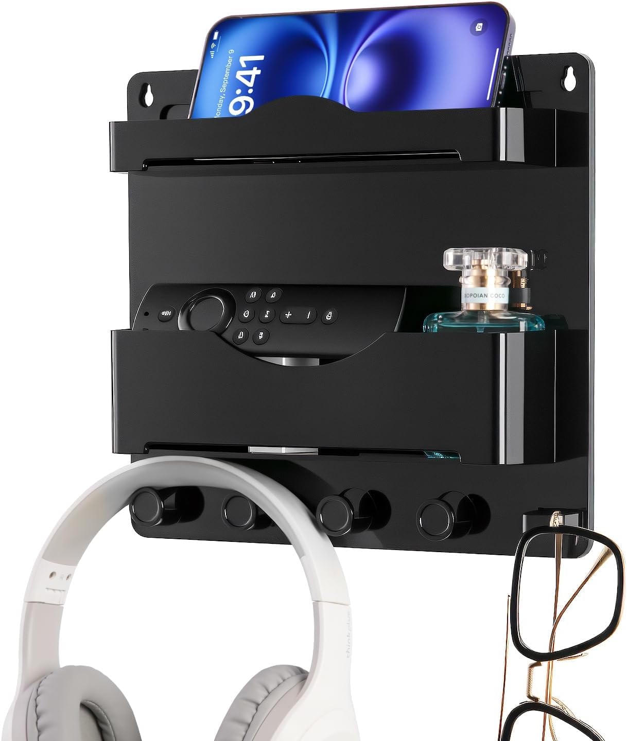 Bedside Wall Shelf with Glasses Hooks, Adhesive Bedside Organizer Wall Mount for Dorm and Room Accessories Phone，Remote，Earphone， Kindle (White)