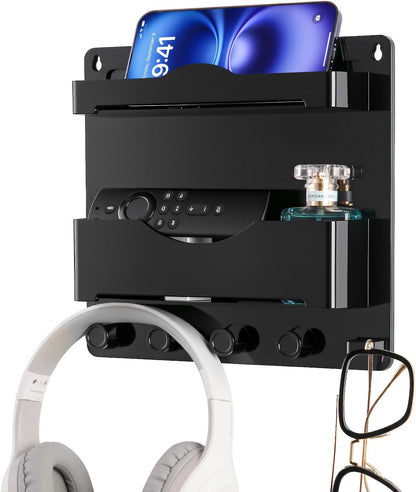 Bedside Wall Shelf with Glasses Hooks, Adhesive Bedside Organizer Wall Mount for Dorm and Room Accessories Phone，Remote，Earphone， Kindle (White)