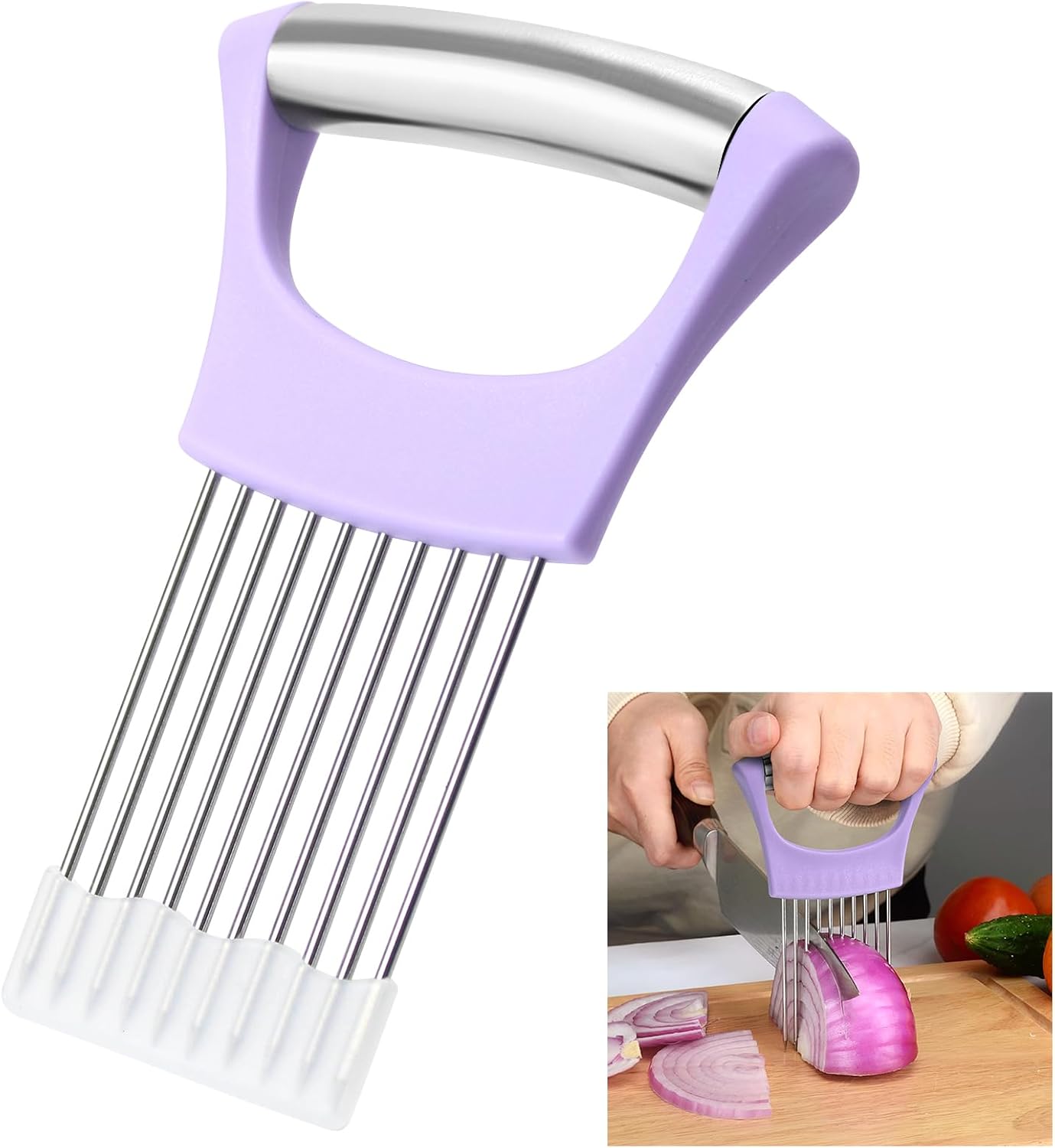 Stainless Steel Onion Holder for Slicing,Onion Slicer Holder,Kitchen Gadget | Purple Onion Slicer Holder, Onion Cutter for Slicing of Onions, Tomatoes, Avocados, Eggs and Other Vegetables